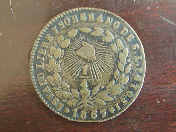 Mexico-State-Copper-San-Luis-Potosi-1/4r-Struck-Over-1863-1c